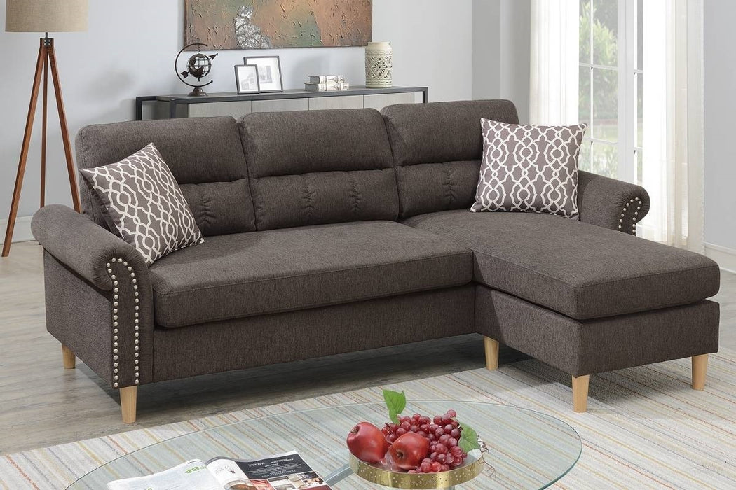 Tan Color Polyfiber Reversible Sectional Sofa Set Chaise Pillows Plush Cushion Couch Nailheads