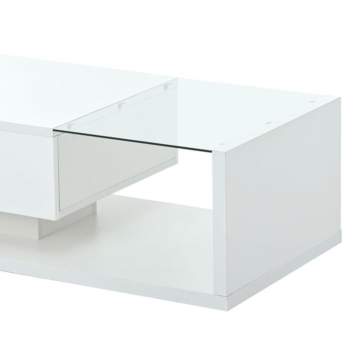 [VIDEO provided] ON-TREND Modern Coffee Table with Tempered Glass, Wooden Cocktail Table with High-gloss UV Surface, Modernist 2-Tier Rectangle Center Table for Living Room, White