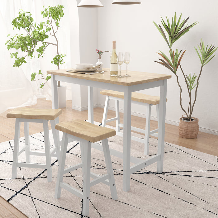 Modern Bar Dining Table Set for 4 All Rubber Wood Kitchen Bistro Counter Height Table Bench Stool for Dining Room Small Space Natural Color & White