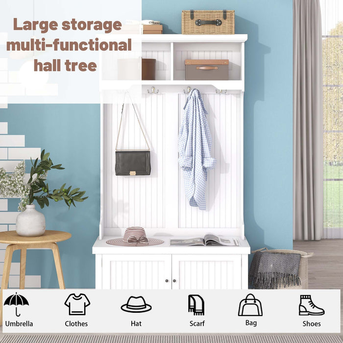 Hall Tree with Storage Shoe Bench for Entryway and Hallway, 4-in-1 Design Coat Racks with 4 Hooks for Living Room, White