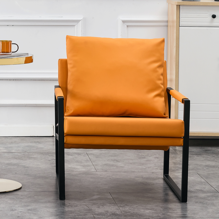 2-Piece Medieval Metal Frame Armchair, Orange PU Leather with Cushion Backrest, Living Room Sofa Chair