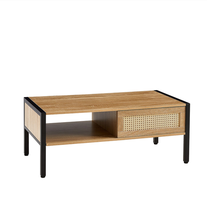 40.16 Inch Rattan Coffee Table With Sliding Door Storage & Metal Legs, Modern Natural Table for Living Room