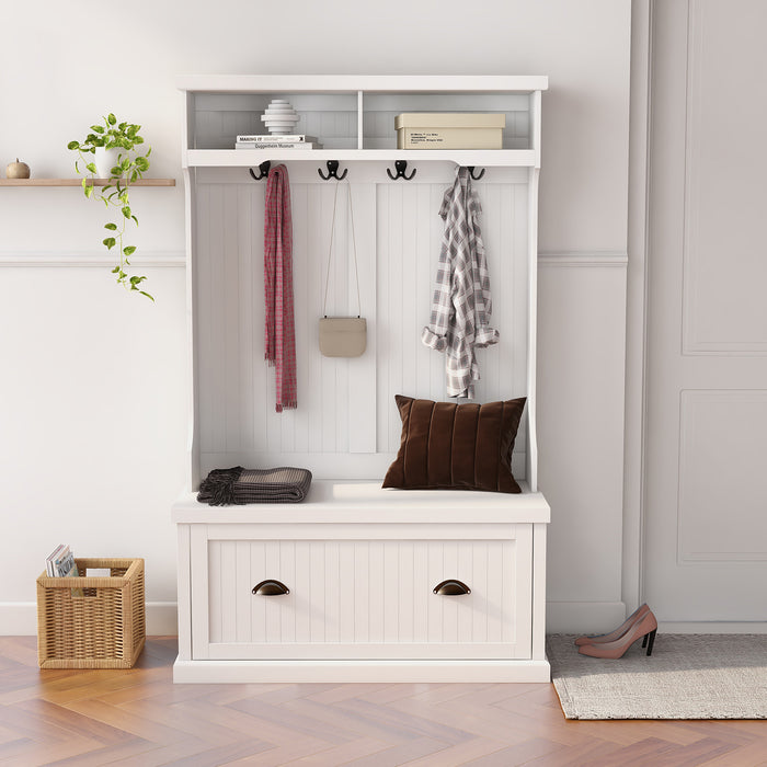 Entryway hall tree with coat rack 4 hooks and storage bench shoe cabinet white