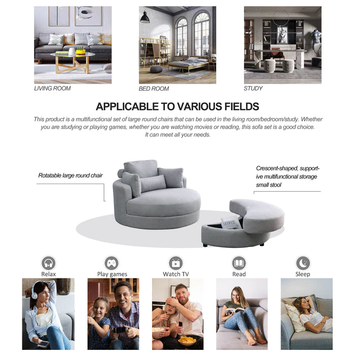 [Video] Welike Swivel Accent Barrel Modern Grey Sofa Lounge Club Big Round Chair with Storage Ottoman Linen Fabric for Living Room Hotel with Pillows