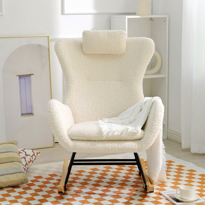 Rocking Chair Nursery, Teddy Upholstered Rocker Glider Chair with High Backrest, Adjustable Headrest & Pocket, Comfy Glider Chair for Nursery, Bedroom, Living Room, Offices, Rubber wood, beige