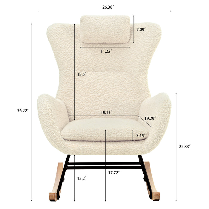 Rocking Chair Nursery, Teddy Upholstered Rocker Glider Chair with High Backrest, Adjustable Headrest & Pocket, Comfy Glider Chair for Nursery, Bedroom, Living Room, Offices, Rubber wood, beige