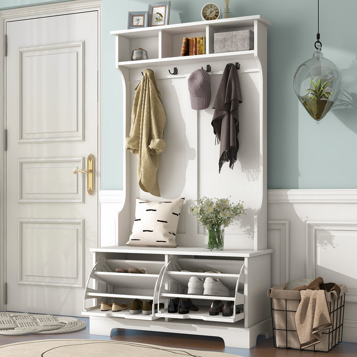 [VIDEO provided] ON-TREND All in One Hall Tree with 3 Top Shelves and 2 Flip Shoe Storage Drawers, Wood Hallway Organizer with Storage Bench and Metal Hanging Hooks, White