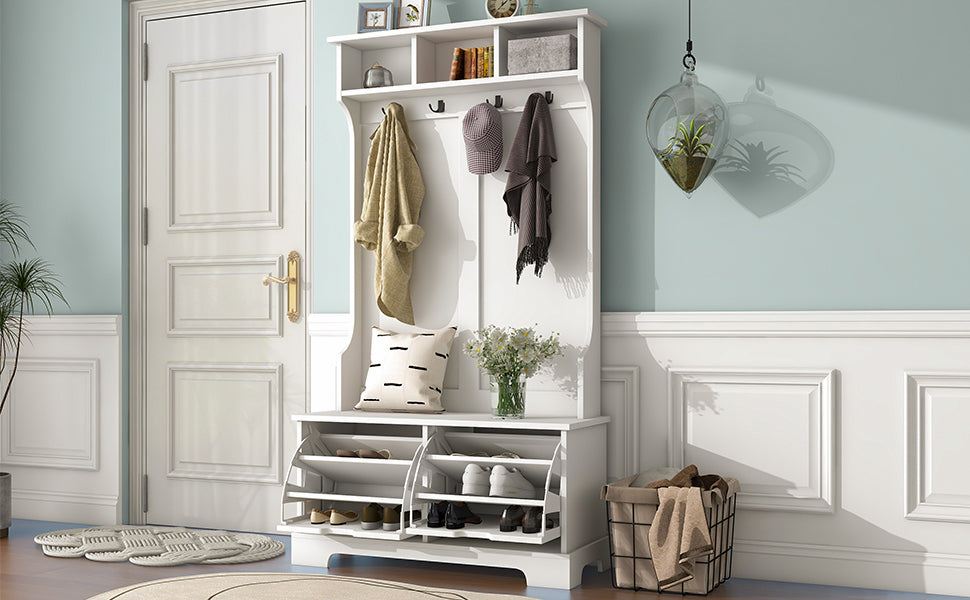 [VIDEO provided] ON-TREND All in One Hall Tree with 3 Top Shelves and 2 Flip Shoe Storage Drawers, Wood Hallway Organizer with Storage Bench and Metal Hanging Hooks, White