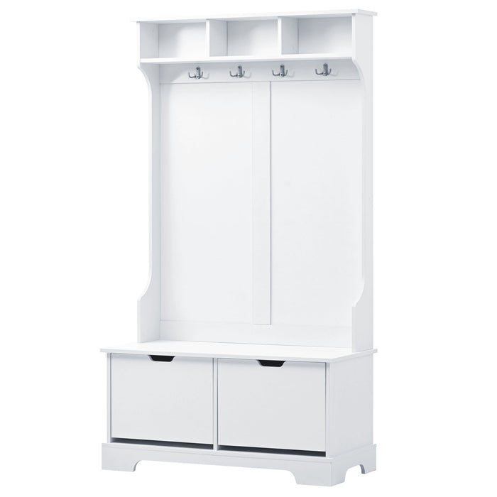 [VIDEO provided] ON-TREND All in One Hall Tree with 3 Top Shelves and 2 Flip Shoe Storage Drawers, Wood Hallway Organizer with Storage Bench and Metal Hanging Hooks, White