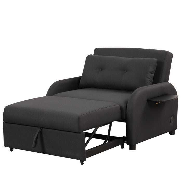 pull out sofa sleeper 3 in 1 with 2 wing table and usb charge for nap line fabric for living room recreation room Black