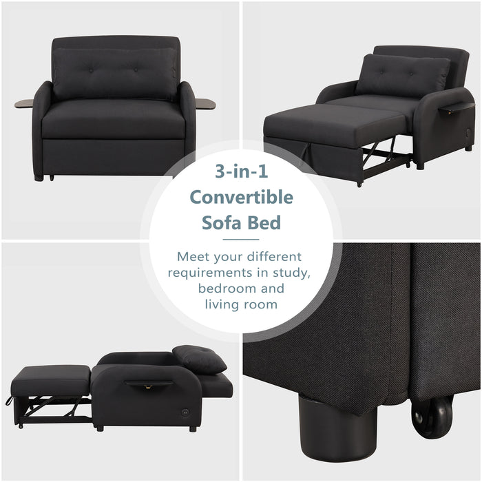 pull out sofa sleeper 3 in 1 with 2 wing table and usb charge for nap line fabric for living room recreation room Black