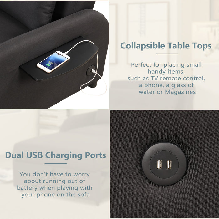 pull out sofa sleeper 3 in 1 with 2 wing table and usb charge for nap line fabric for living room recreation room Black