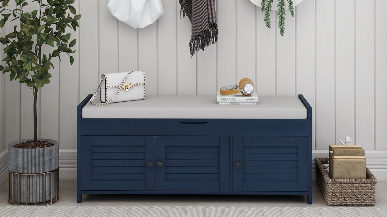 TREXM Storage Bench with 3 Shutter-shaped Doors, Shoe Bench with Removable Cushion and Hidden Storage Space (Antique Navy, OLD SKU: WF284226AAM)