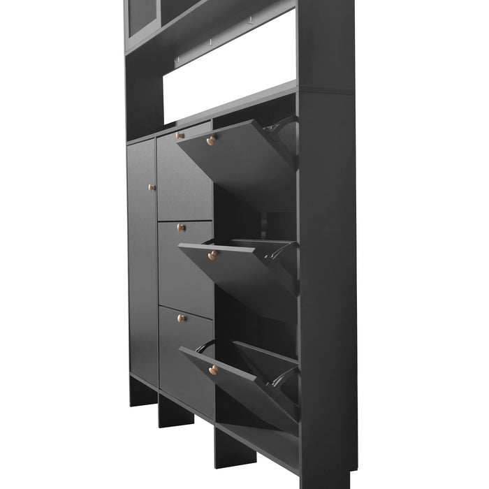 [VIDEO provided] ON-TREND Multifunctional Shoe Cabinet with Storage Shelf & 6 Flip Drawers, Modern Large Hall Tree with Tempered Glass Doors, Elegant Foyer Cabinet with 4 Hooks for Hallway, Black