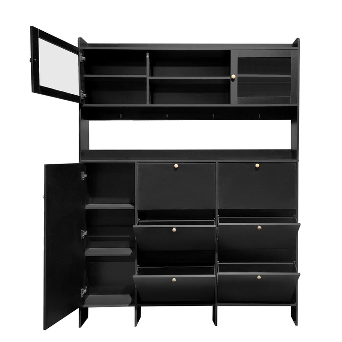 [VIDEO provided] ON-TREND Multifunctional Shoe Cabinet with Storage Shelf & 6 Flip Drawers, Modern Large Hall Tree with Tempered Glass Doors, Elegant Foyer Cabinet with 4 Hooks for Hallway, Black