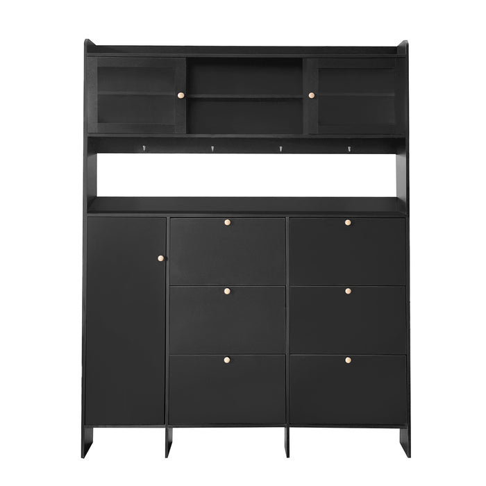 [VIDEO provided] ON-TREND Multifunctional Shoe Cabinet with Storage Shelf & 6 Flip Drawers, Modern Large Hall Tree with Tempered Glass Doors, Elegant Foyer Cabinet with 4 Hooks for Hallway, Black