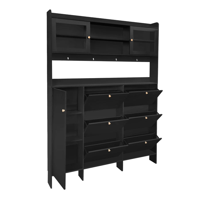 [VIDEO provided] ON-TREND Multifunctional Shoe Cabinet with Storage Shelf & 6 Flip Drawers, Modern Large Hall Tree with Tempered Glass Doors, Elegant Foyer Cabinet with 4 Hooks for Hallway, Black