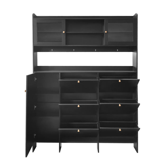 [VIDEO provided] ON-TREND Multifunctional Shoe Cabinet with Storage Shelf & 6 Flip Drawers, Modern Large Hall Tree with Tempered Glass Doors, Elegant Foyer Cabinet with 4 Hooks for Hallway, Black