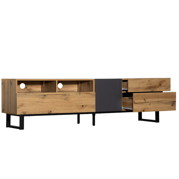 Modern TV Stand for 80'' TV with Double Storage Space, Media Console Table, Entertainment Center with Drop Down Door for Living Room, Bedroom, Home Theatre