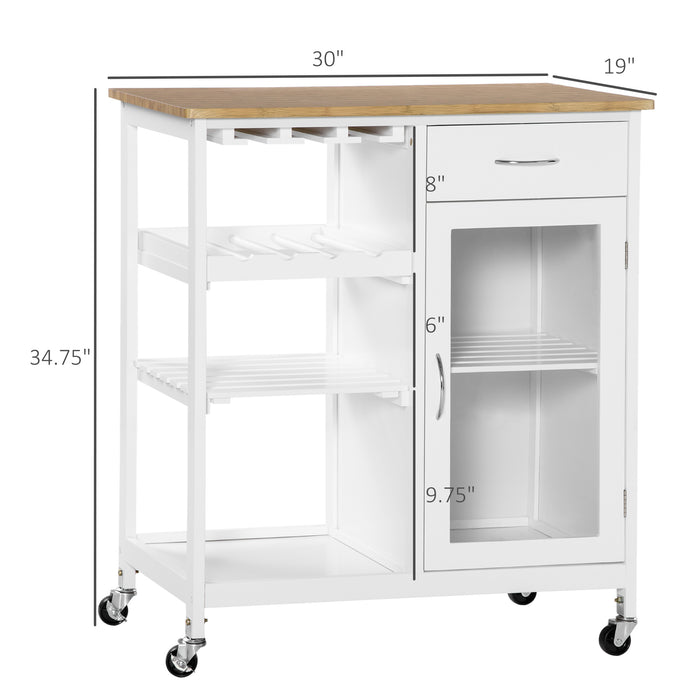 Rolling Kitchen Island with Storage, Kitchen Cart with 4-bottle Wine Rack, Bar Cart with Stemware Holder, Shelves, Drawer and Cabinet, White