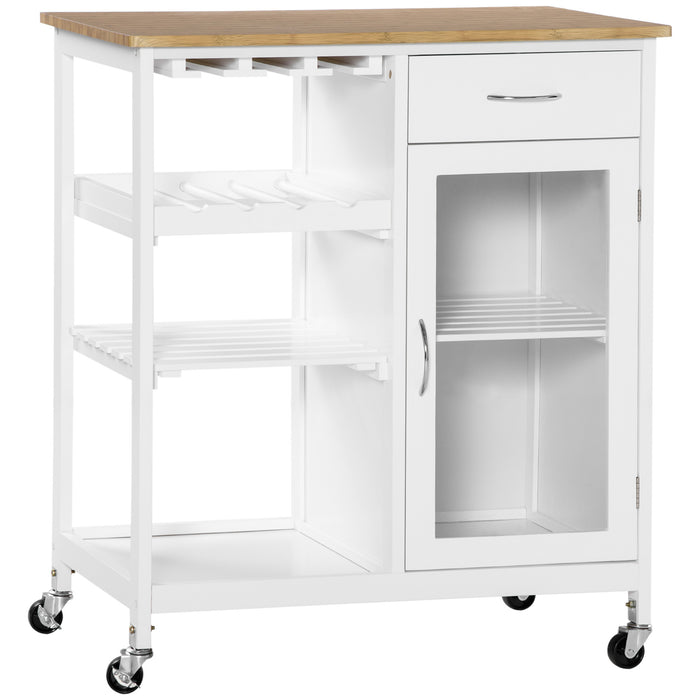 Rolling Kitchen Island with Storage, Kitchen Cart with 4-bottle Wine Rack, Bar Cart with Stemware Holder, Shelves, Drawer and Cabinet, White