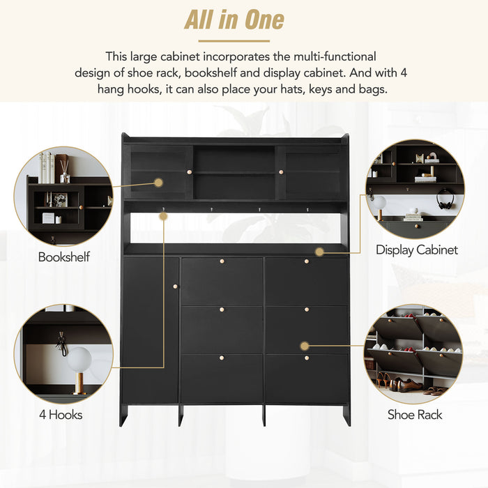 [VIDEO provided] ON-TREND Multifunctional Shoe Cabinet with Storage Shelf & 6 Flip Drawers, Modern Large Hall Tree with Tempered Glass Doors, Elegant Foyer Cabinet with 4 Hooks for Hallway, Black