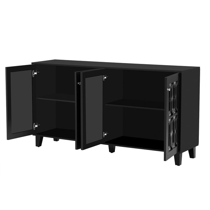 ON-TREND Buffet Cabinet with Adjustable Shelves, 4-Door Mirror Hollow-Carved TV stand for TVs Up to 70'', Multi-functional Console Table with Storage Credenza Accent Cabinet for Living Room, Black