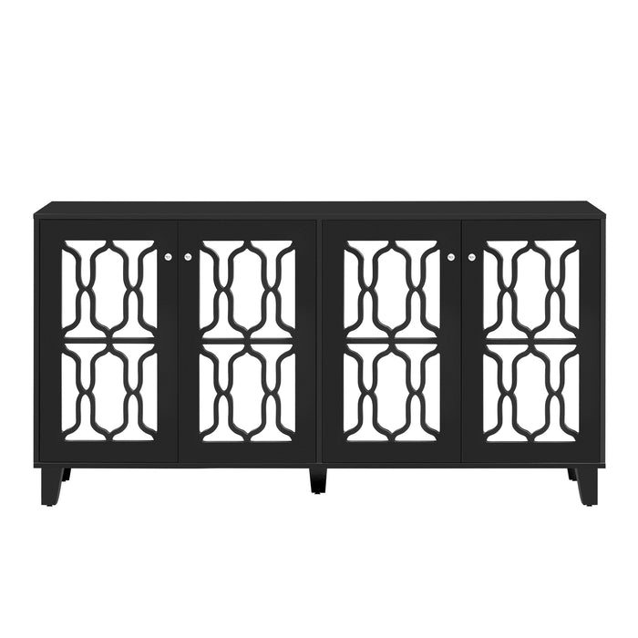 ON-TREND Buffet Cabinet with Adjustable Shelves, 4-Door Mirror Hollow-Carved TV stand for TVs Up to 70'', Multi-functional Console Table with Storage Credenza Accent Cabinet for Living Room, Black