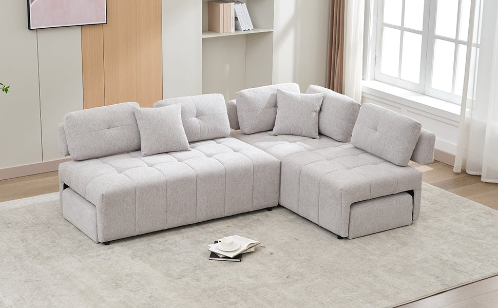 91.73" L-shaped Sofa Sectional Sofa Couch with 2 Stools and 2 Lumbar Pillows for Living Room, Light Grey