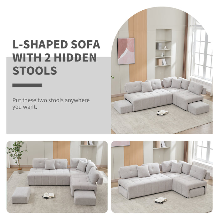 91.73" L-shaped Sofa Sectional Sofa Couch with 2 Stools and 2 Lumbar Pillows for Living Room, Light Grey