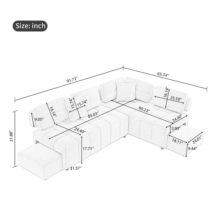 91.73" L-shaped Sofa Sectional Sofa Couch with 2 Stools and 2 Lumbar Pillows for Living Room, Light Grey