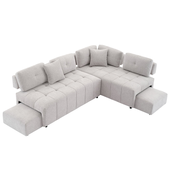 91.73" L-shaped Sofa Sectional Sofa Couch with 2 Stools and 2 Lumbar Pillows for Living Room, Light Grey