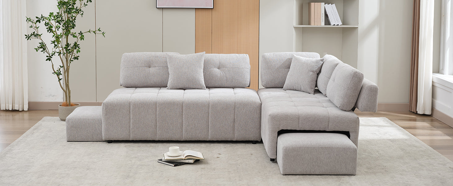 91.73" L-shaped Sofa Sectional Sofa Couch with 2 Stools and 2 Lumbar Pillows for Living Room, Light Grey