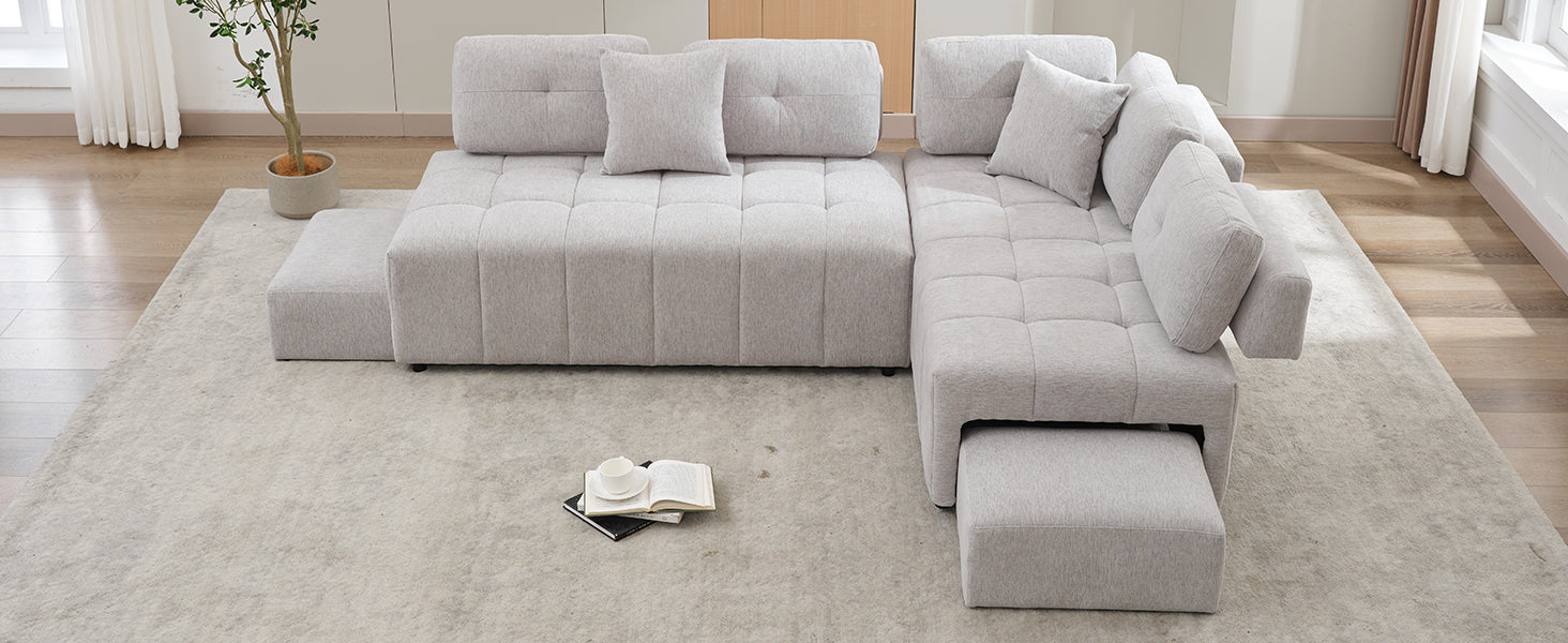 91.73" L-shaped Sofa Sectional Sofa Couch with 2 Stools and 2 Lumbar Pillows for Living Room, Light Grey