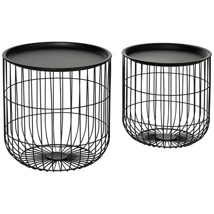 HOMCOM Nesting Coffee Tables, Round Coffee Table Set of 2 with Steel Wired Basket Body and Removable Top, Stacking End Tables Blanket Storage for Living Room, Black