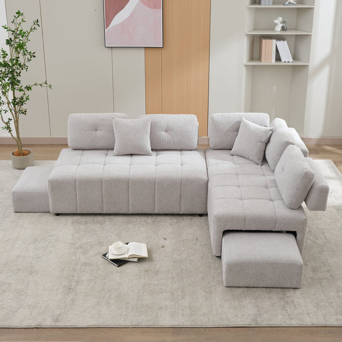 91.73" L-shaped Sofa Sectional Sofa Couch with 2 Stools and 2 Lumbar Pillows for Living Room, Light Grey