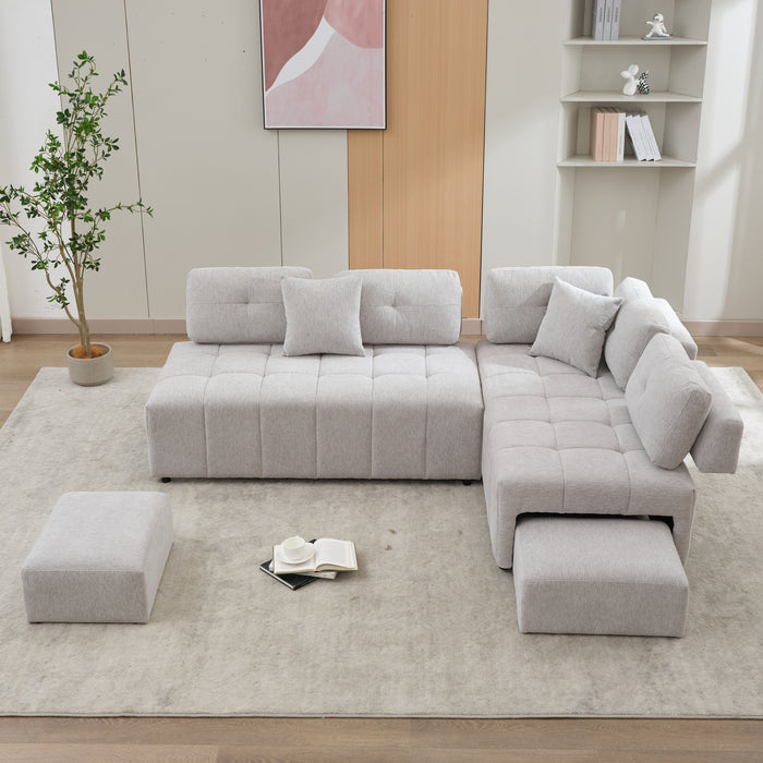 91.73" L-shaped Sofa Sectional Sofa Couch with 2 Stools and 2 Lumbar Pillows for Living Room, Light Grey