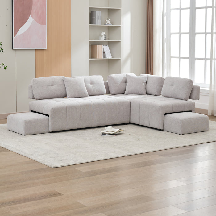 91.73" L-shaped Sofa Sectional Sofa Couch with 2 Stools and 2 Lumbar Pillows for Living Room, Light Grey