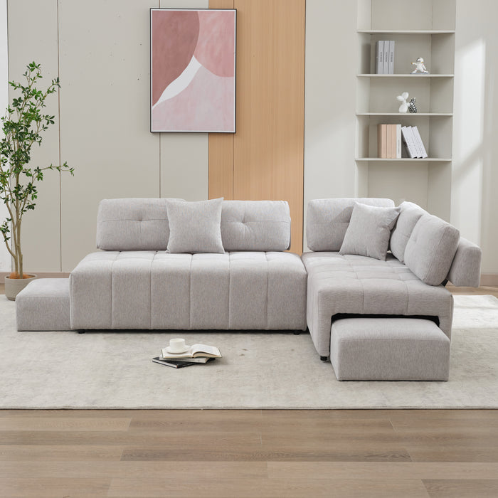 91.73" L-shaped Sofa Sectional Sofa Couch with 2 Stools and 2 Lumbar Pillows for Living Room, Light Grey