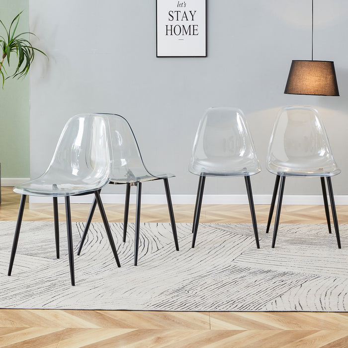 Table and chair set, transparent glass tabletop and black metal table legs, transparent plastic backrest cushion and black metal chair legs, one table with four chairs.DRT-1123  TW-1200