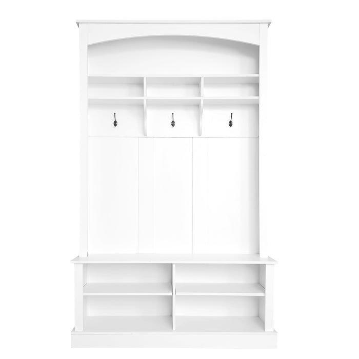 ON-TREND 47.2'' Wide Hall Tree with Bench and Shoe Storage, Multi-functional Storage Bench with 3 Hanging Hooks & Open Storage Space, Rectangle Storage & Shelves Coat Rack for Hallway, White