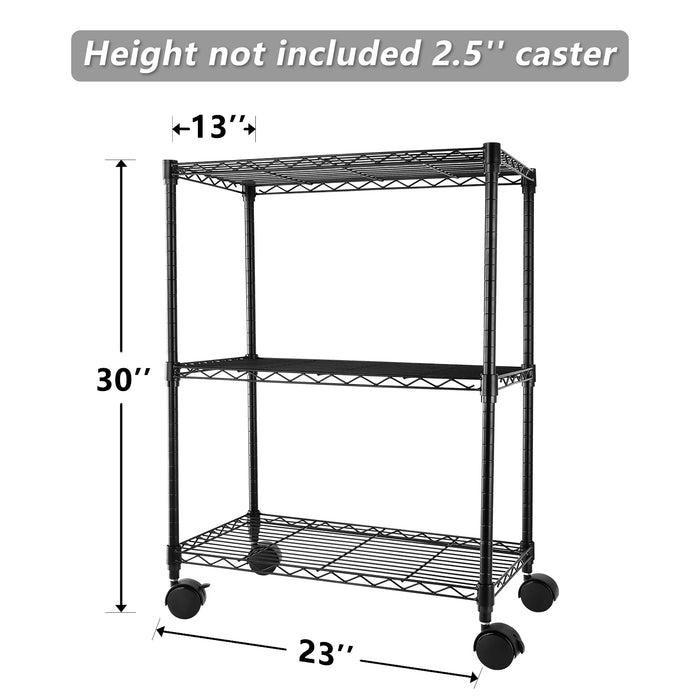 Simple Deluxe Heavy Duty 3-Shelf Shelving with Wheels, Adjustable Storage Units, Steel Organizer Wire Rack, 23" W x 13" D x 33" H, Black