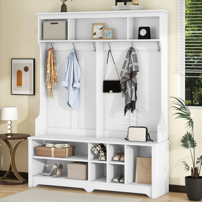 Modern Hallway Hall Tree with Metal Hooks and Storage Space, Multi-Functional Entryway Coat Rack with Shoe Cubbies, White (Pre-sale date: December 18th)