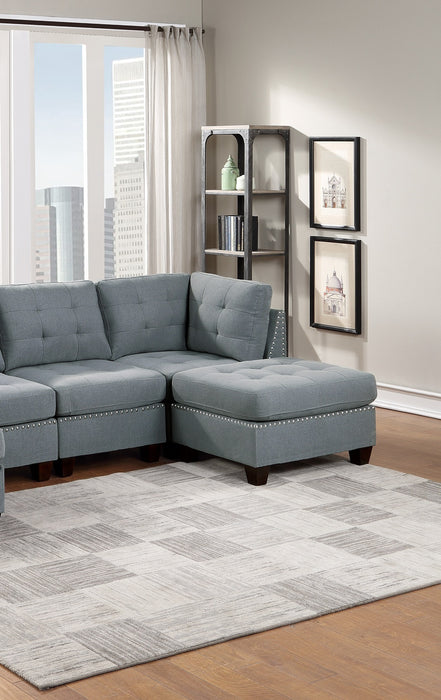 Modular Sectional 6pc Set Living Room Furniture U-Sectional Tufted Nail heads Couch Gray Linen Like Fabric 2x Corner Wedge 2x Armless Chairs and 2x Ottomans