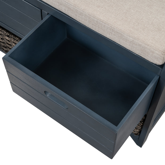 TREXM  Storage Bench with Removable Basket and 2 Drawers, Fully Assembled Shoe Bench with Removable Cushion (Navy)