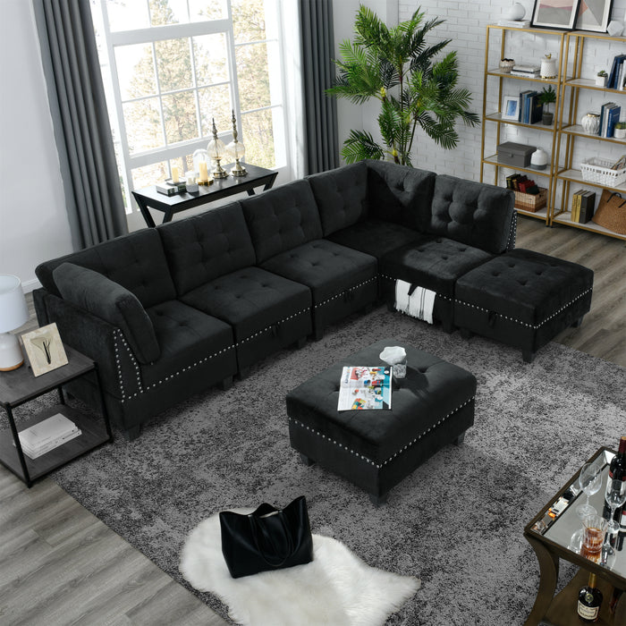 L-Shape Modular Sectional Sofa Set, DIY Combination with 3 Single Chairs, 2 Corners, and 2 Ottomans - Black Velvet