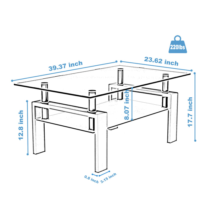 Modern Rectangle Glass Coffee Table Set, Clear Center Tables for Living Room, Black