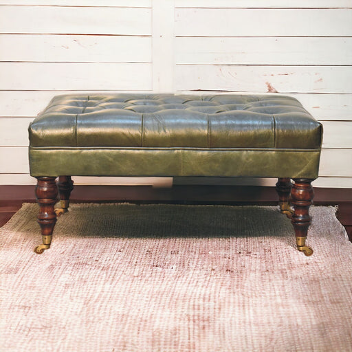 Sterling Green Buffalo Leather Ottoman with Castor Legs Glass House Furnishings