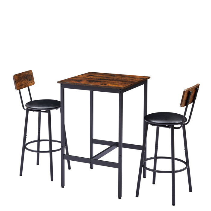 Bar Table Set With 2-Bar Stools, PU Soft Seat With Backrest, Rustic Brown, 23.62'' W x 23.62'' D x 35.43'' H