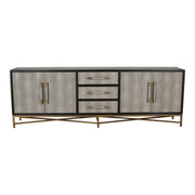 Sideboard with Drawers, Shagreen Patterned Vegan Leather, Antique-Gold Finished Legs, Grey Glass House Furnishings